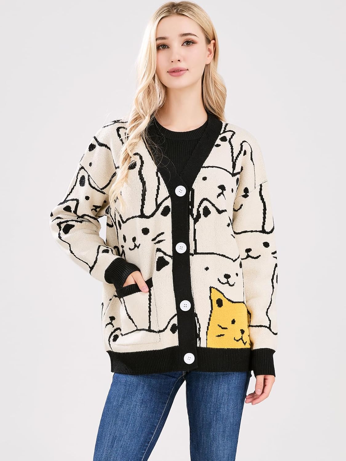 ebossy Women's Kawaii Cartoon Cat Cardigan Japanese Aesthetic Button Down Jacquard Knit Sweater Coat - Image 3