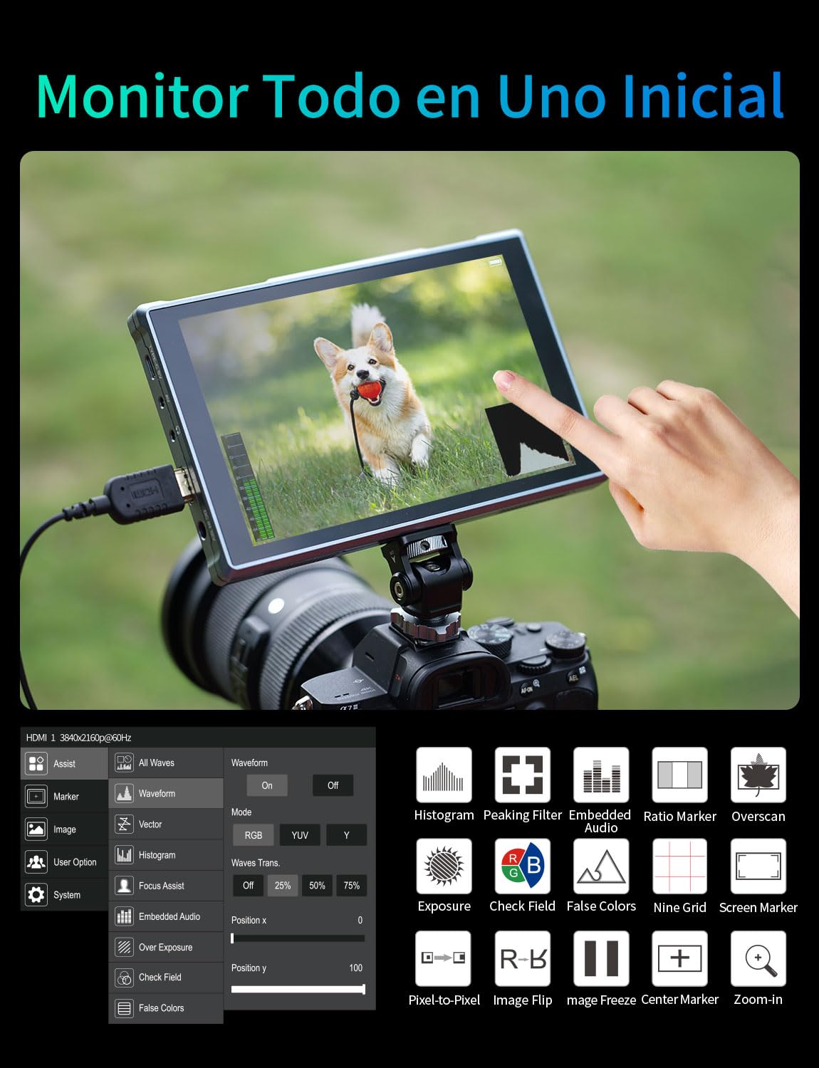 FEELWORLD FW759 Pro Monitor de Campo para cámara DSLR con Pantalla táctil HD de 7 Pulgadas y 400 nits, resolución 1280x800, batería F550, Entrada AV HDMI 4K y monitorización de Forma de Onda