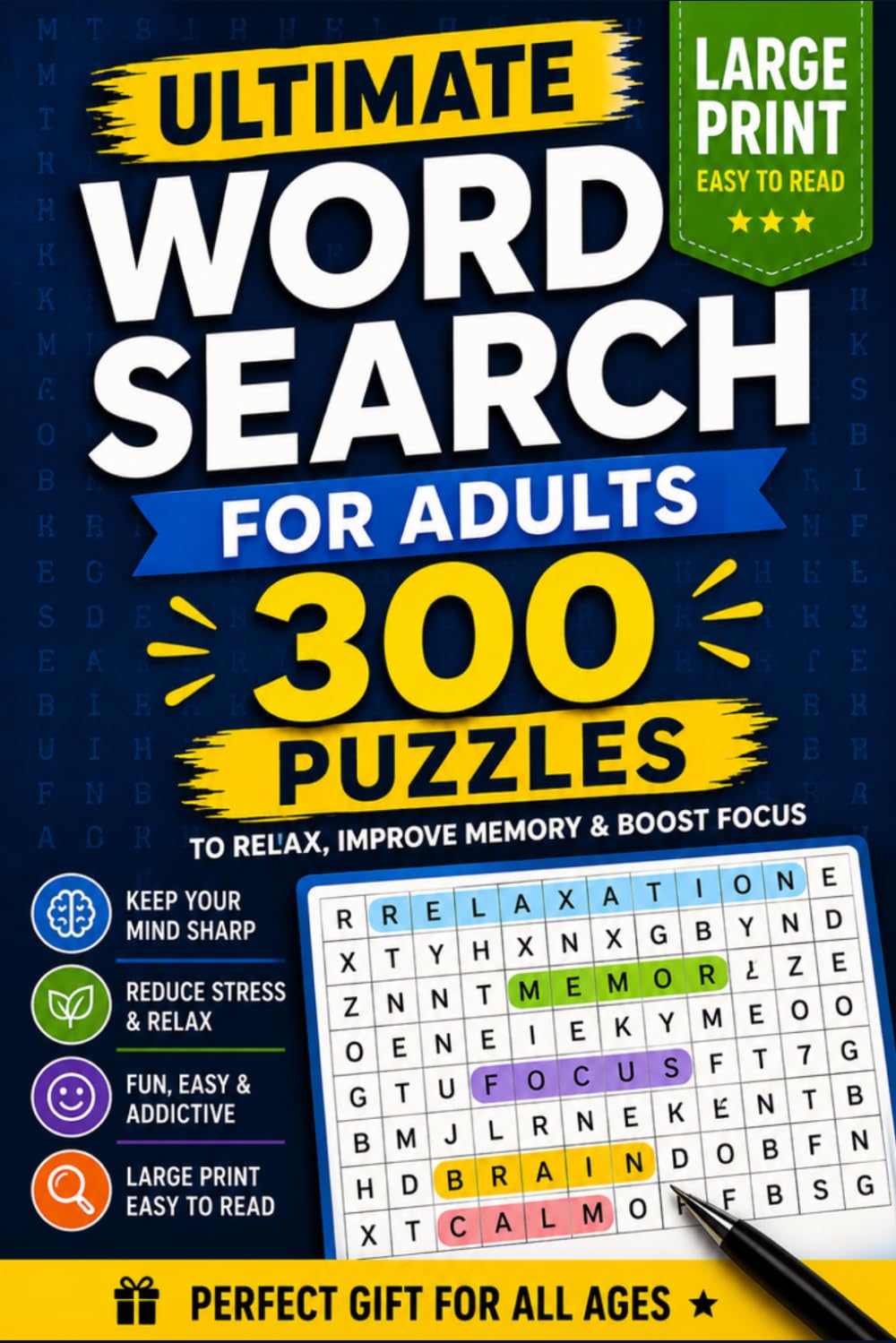 Ultimate Brain Boost Word Search for Adults – 300 Large Print Puzzles for Relaxation, Memory & Focus