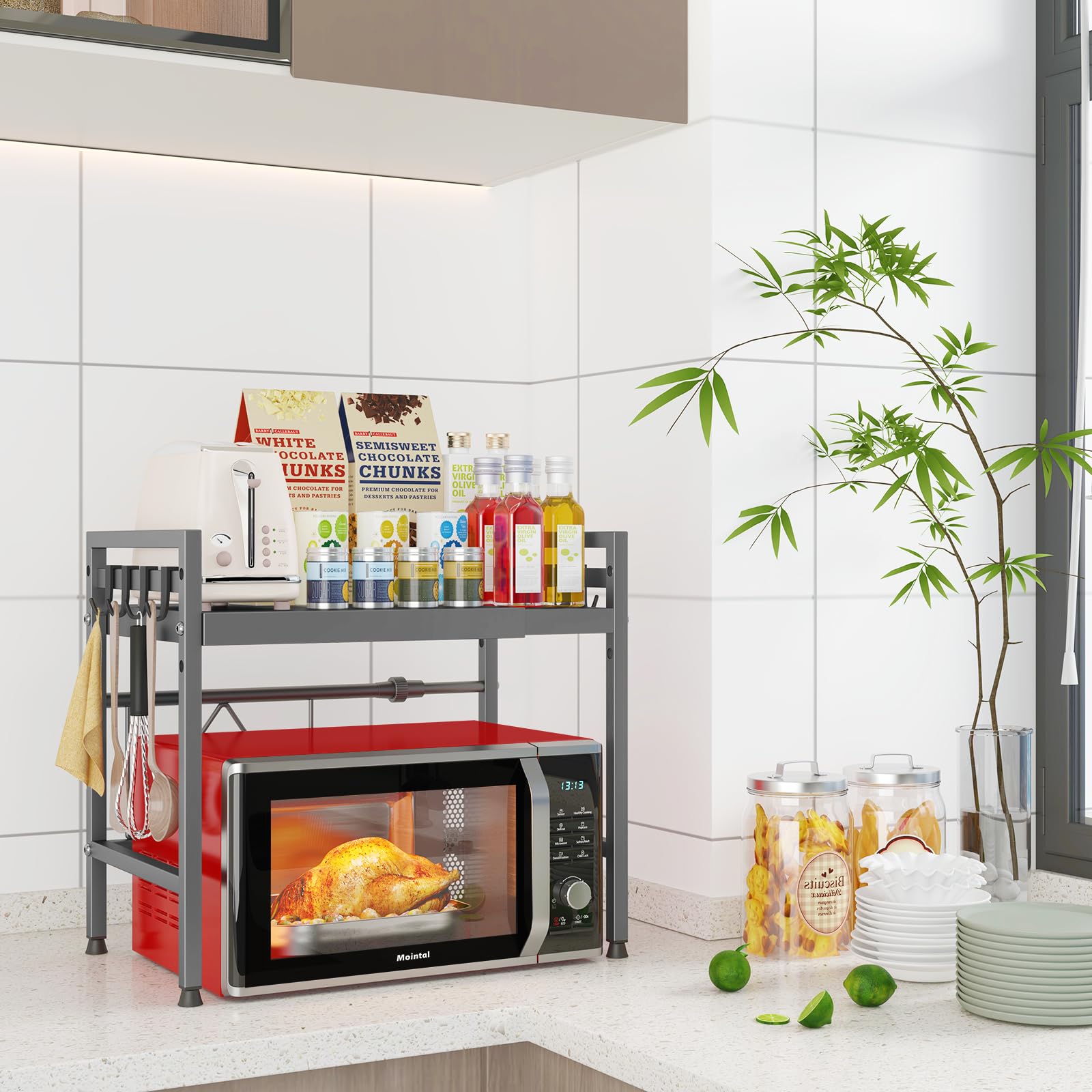 Estante Ajustable para Microondas de Cocina, Soporte de 2 Niveles para Microondas de Cocina, Acero al Carbono de Pie para Microondas, Organizador para Freidora de Aire con 8 Ganchos, Gris