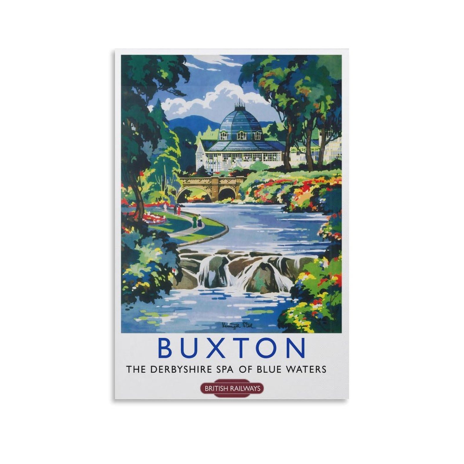 Fupmtklt Unframe-Style Buxton British Railways Vintage Travel English Peak District Lake And Bridge Canvas Poster Wall Art Decor Print Picture Paintings For Living Room Bedroom Decoration 20X30inch(50X75cm)