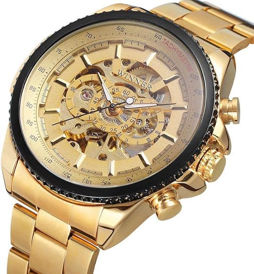 Amazon Com Winner Steampunk Fashion Big Dial Gold Watch For Men Stainless Steel Gear Movement Skeleton Wristwatch Luxury Automatic Mechanical Watch Clothing Shoes Jewelry