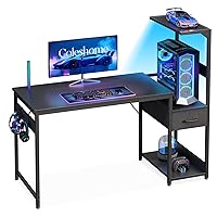 Coleshome Scrivania Gaming con Illuminazione LED, 120×48cm Tavolo Gaming con Cassetti e Libreria