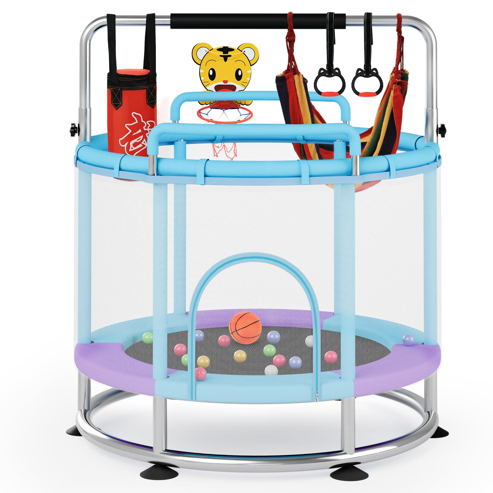 Trampolino per bambini, 150 cm, trampolino per bambini, per interni fino a 250 kg, asta regolabile in 3 posizioni, rete di sicurezza, base antiscivolo, altalena, sacco di sabbia