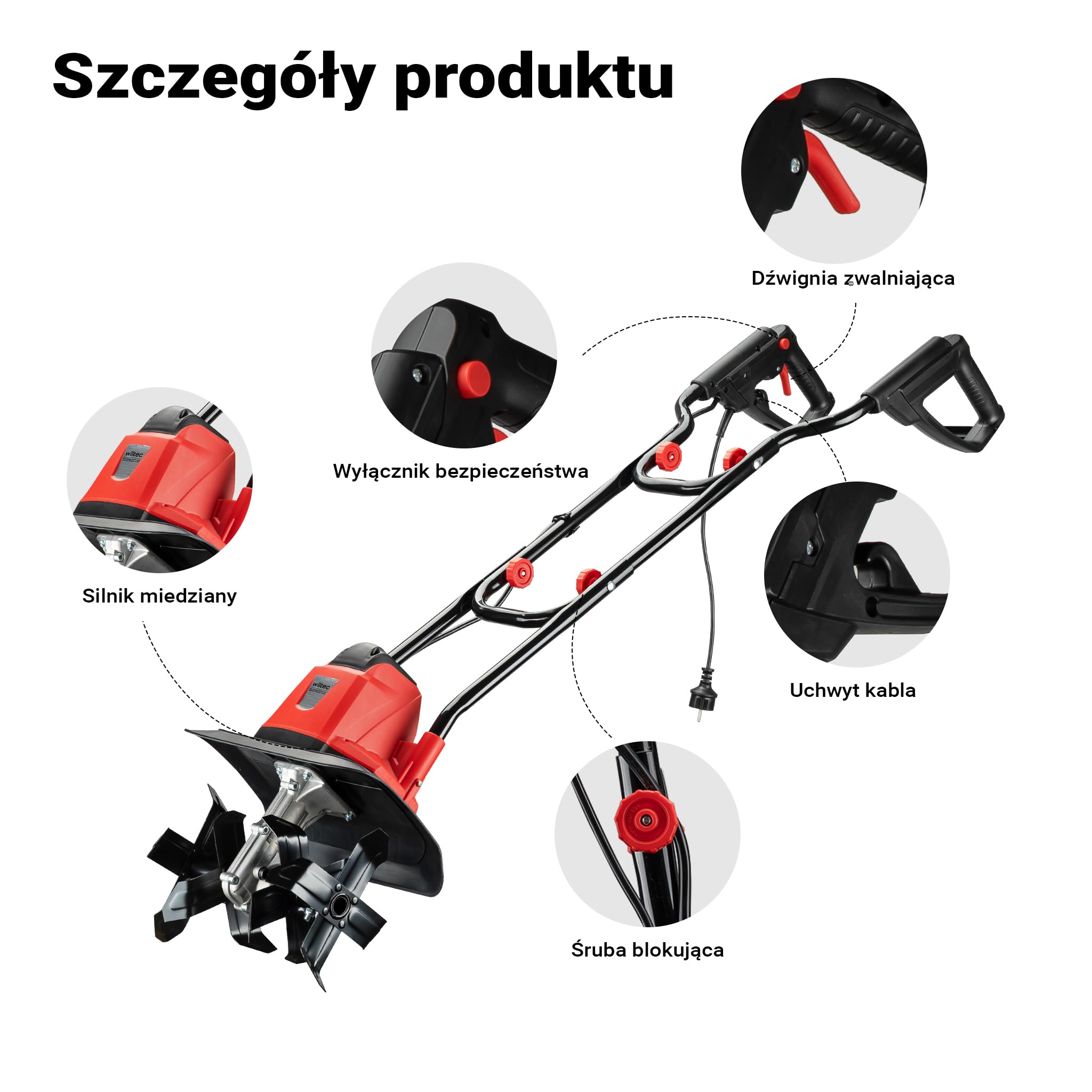 Glebogryzarka elektryczna Wiltec 1050 W z 380 obr/min, kultywator o głębokości roboczej 220 mm, glebogryzarka ogrodowa z 16 ostrzami, glebogryzarka z ergonomicznym uchwytem