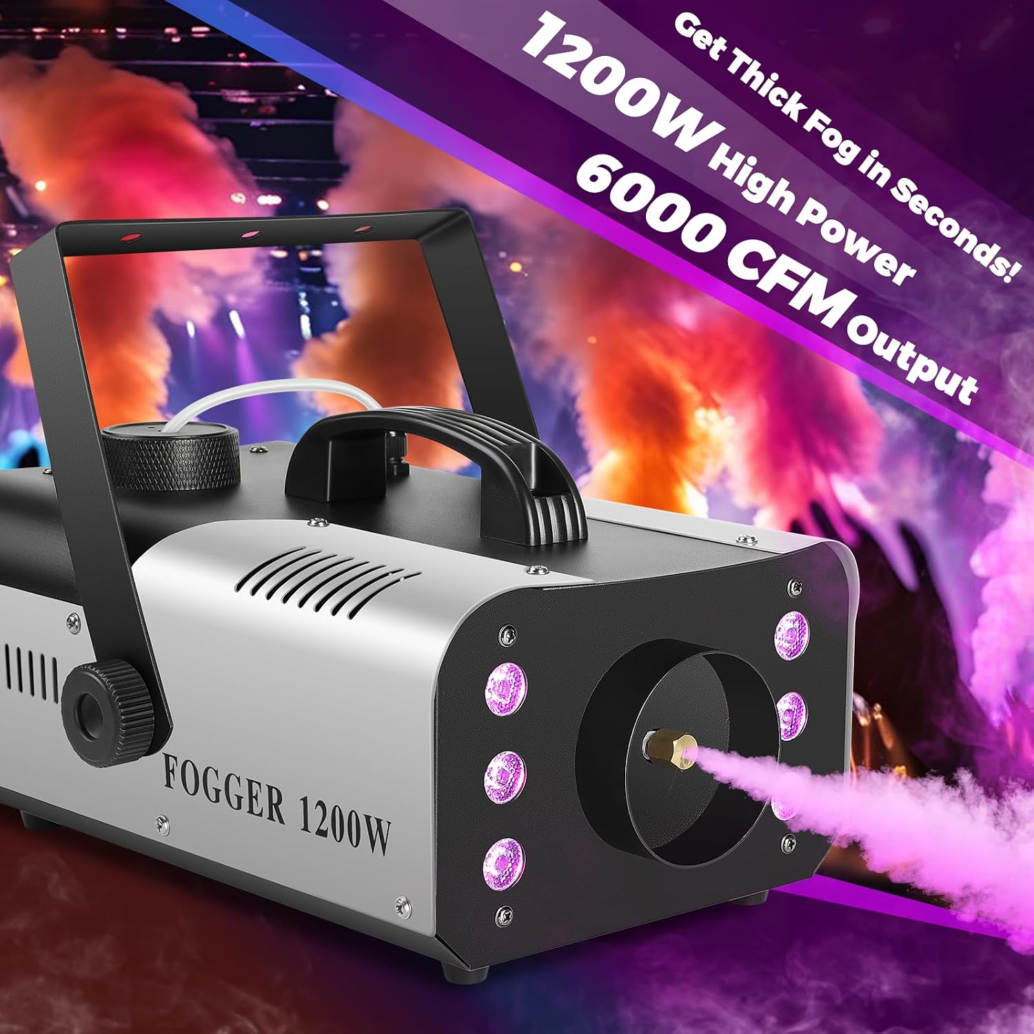 1200W Fog Machine Indoor Outdoor with LED Lights, 14 Colors & 4 Auto Modes, Smoke Machine Fog 6000CFM with Wireless Remote Control, Perfect for Wedding, Party, Stage, Halloween (Silver)