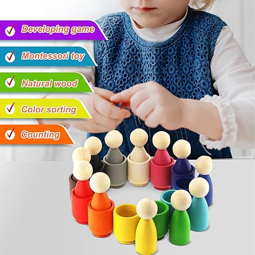 Miniatura 3 de Bolas de madera arcoíris en tazas, juguete Montessori, juguete de educación temprana de motricidad, material de aprendizaje preescolar, juguete