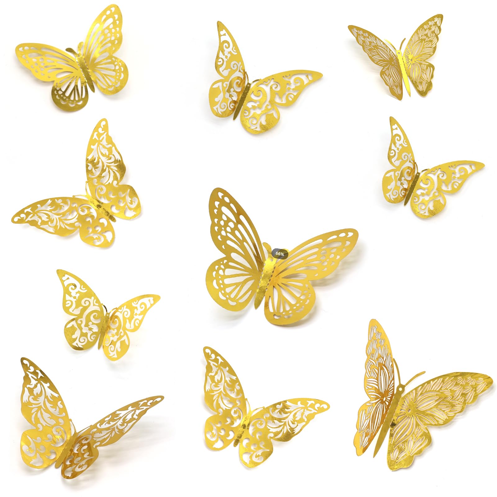 48 pegatinas de mariposa doradas 3D, vívidas y extraíbles, 4 estilos y 3 tamaños diferentes, autoadhesivas, recortes calados para decorar paredes de la habitación, espejos, marcos de fotos, pasteles,