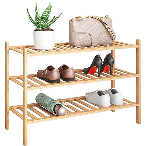 BMOSU 3-Tier Bamboo Shoe Rack Premium Stackable Shoe shelf Storage Organizer For Hallway Closet Living Room Entryway Organizer (Natural Bamboo)