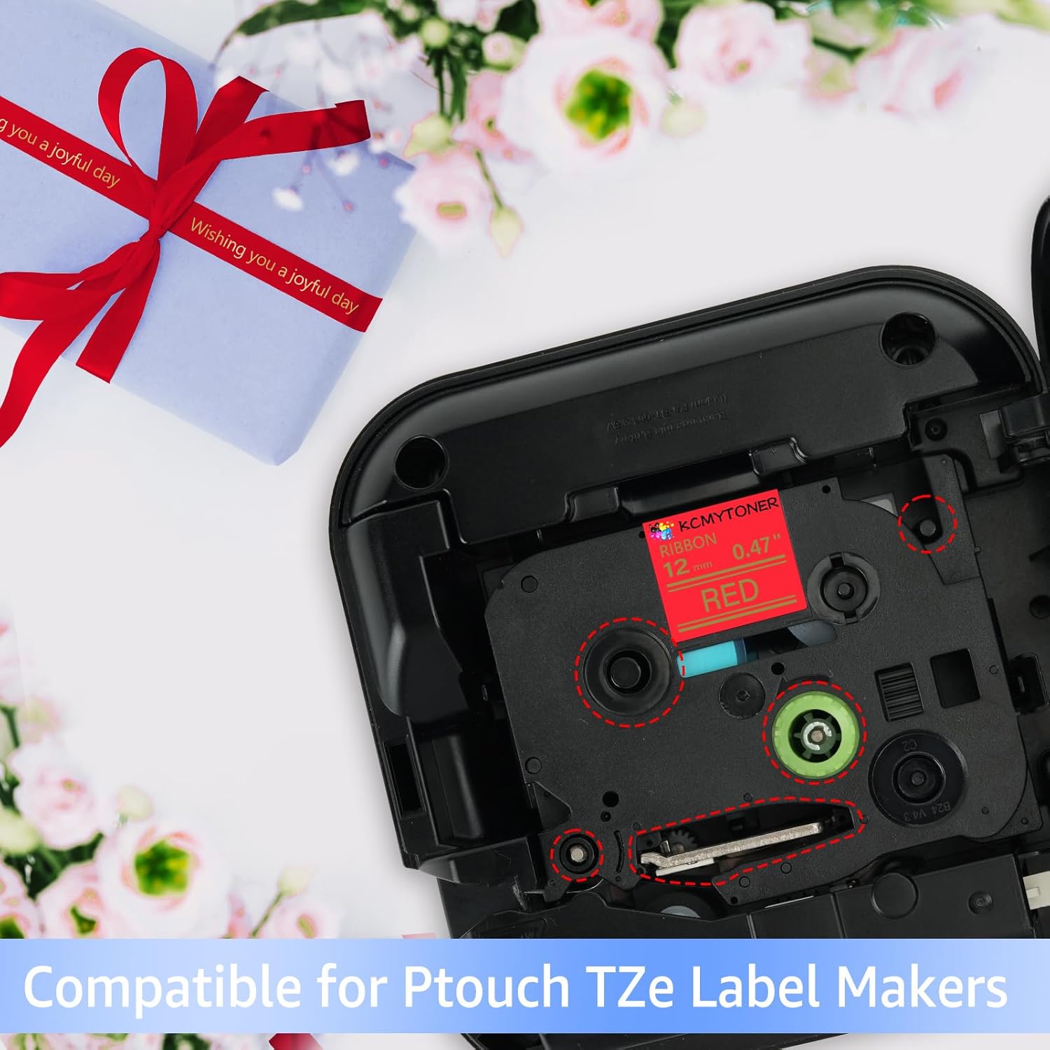 4 Pack Compatible for Ptouch TZe-RW34 TZ-RW34 TZe Satin Ribbon Tape 12mm 0.47 Inch Gold on Red Fabric Tape for Ptouch Embellish PT-D800W PT-E550W PT-2300 PT-1280SR Label Maker
