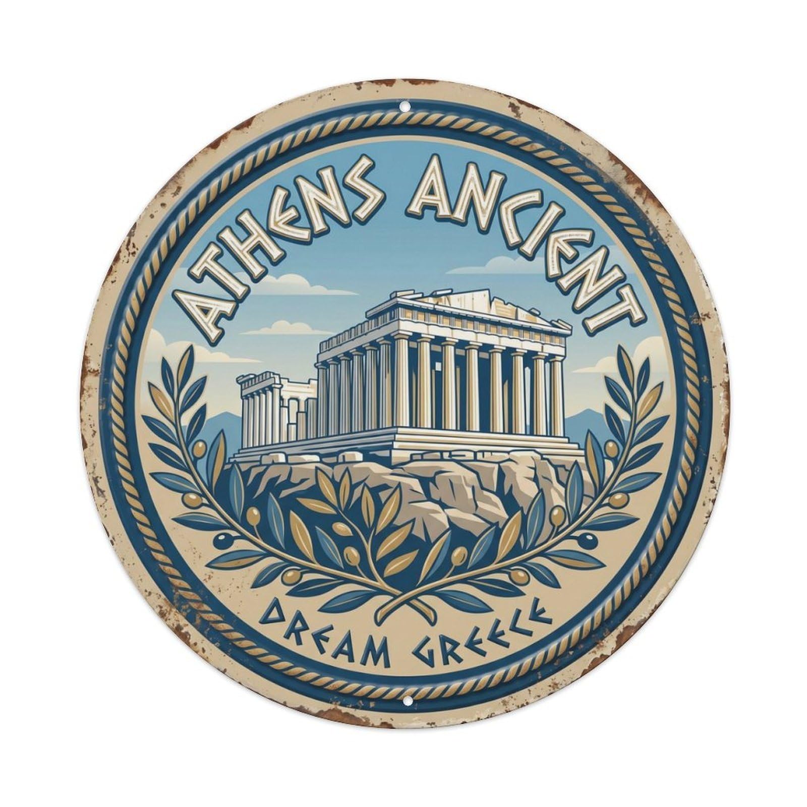 Acropolis Ancient Dream Athens Landmark Metal Tin Sign Plaque Wall Decor for Cafe, Club Bar, Office, Home Garden Round Metal Poster 8x8Inch