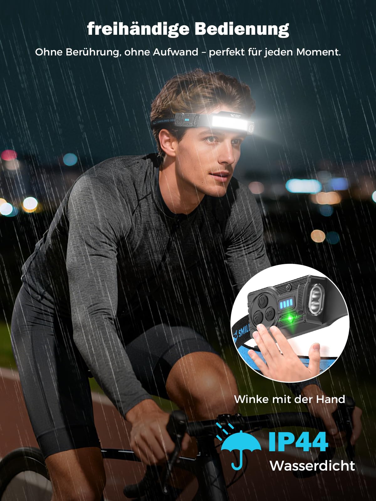 Smiling Shark Stirnlampe, 2 Stück Superhell Stirnlampen LED Wiederaufladbar mit 4 Breitstrahl & Einstellbar Spotlight Bewegungssensor 2400 mAh Akku 5 Modus Kopflampe für Joggen Wandern Camping