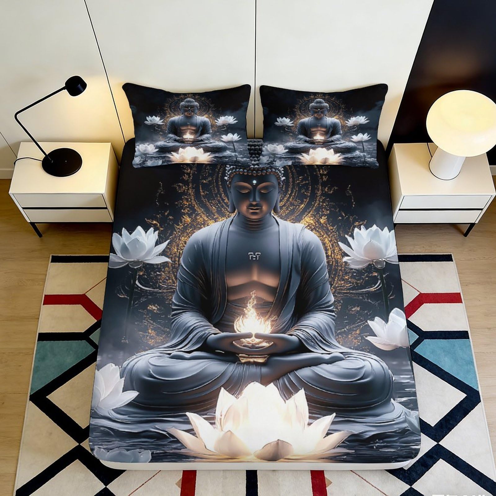 3D Printed Buddha Meditation Fitted Sheet Microfiber Black Lotus Bed Cover for Bedroom Guest Room Mattress Protection 160x200x25cm