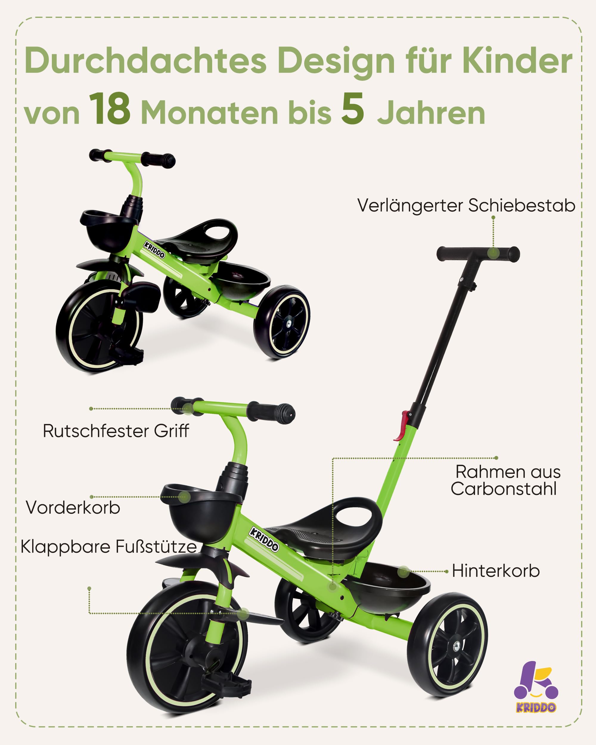KRIDDO 2-in-1 Kinder Dreirad für 18 Monate bis 5 Jahre - mit verlängerter Schubstange für müheloses Schieben, Kinder 3-5 Jahre, Dreirad mit klappbarer Fußstütze vorne, Grün