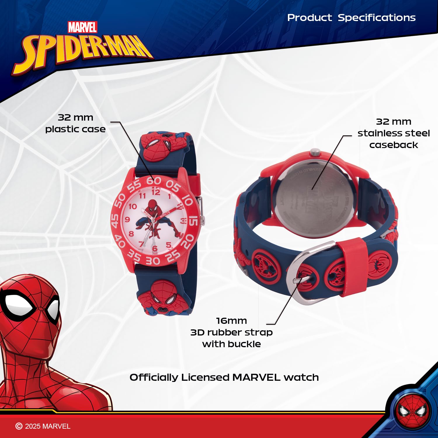 Marvel Spider-Man - Orologio analogico al quarzo con cinturino in 3D per insegnare l'ora, Blu, Cinturino
