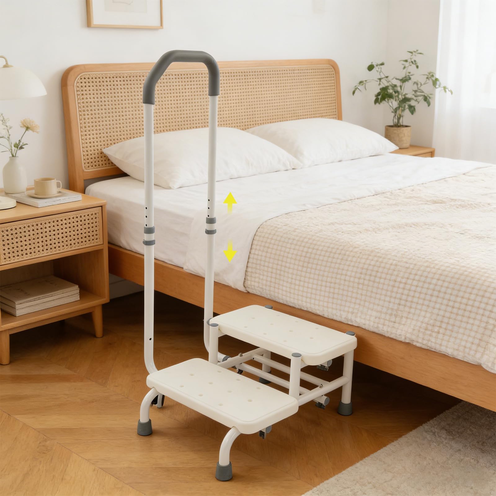 Mobilny stopień bezpieczeństwa dla seniorów, antypoślizgowy stopień domowy z regulacją wysokości, stopień do wanny z 2 stopniami schodów, uchwytem i kółkami, do wejścia do wanny i łóżek, do 136 kg