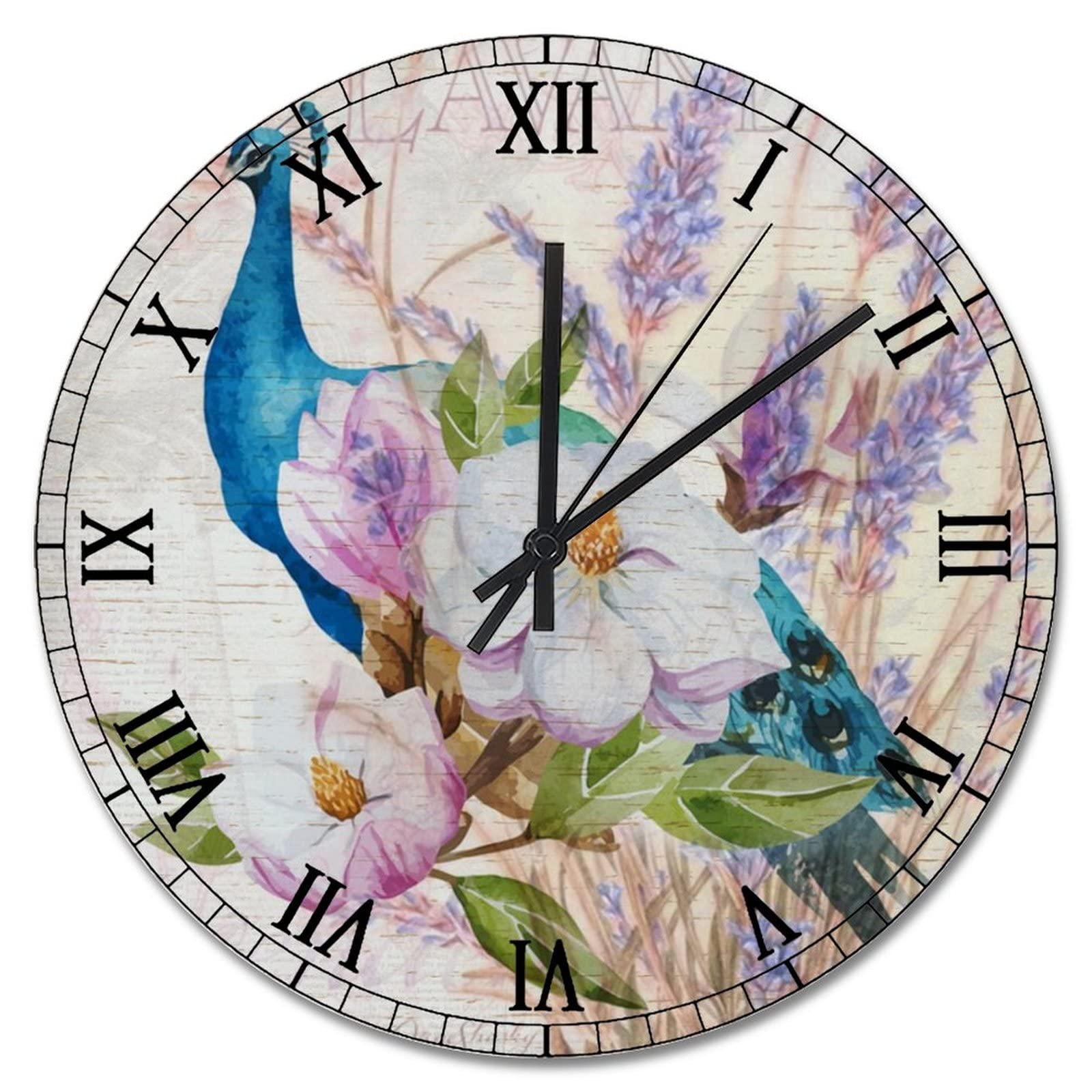 Horloge queue de paon bleue ronde 38cm rustique silencieuse