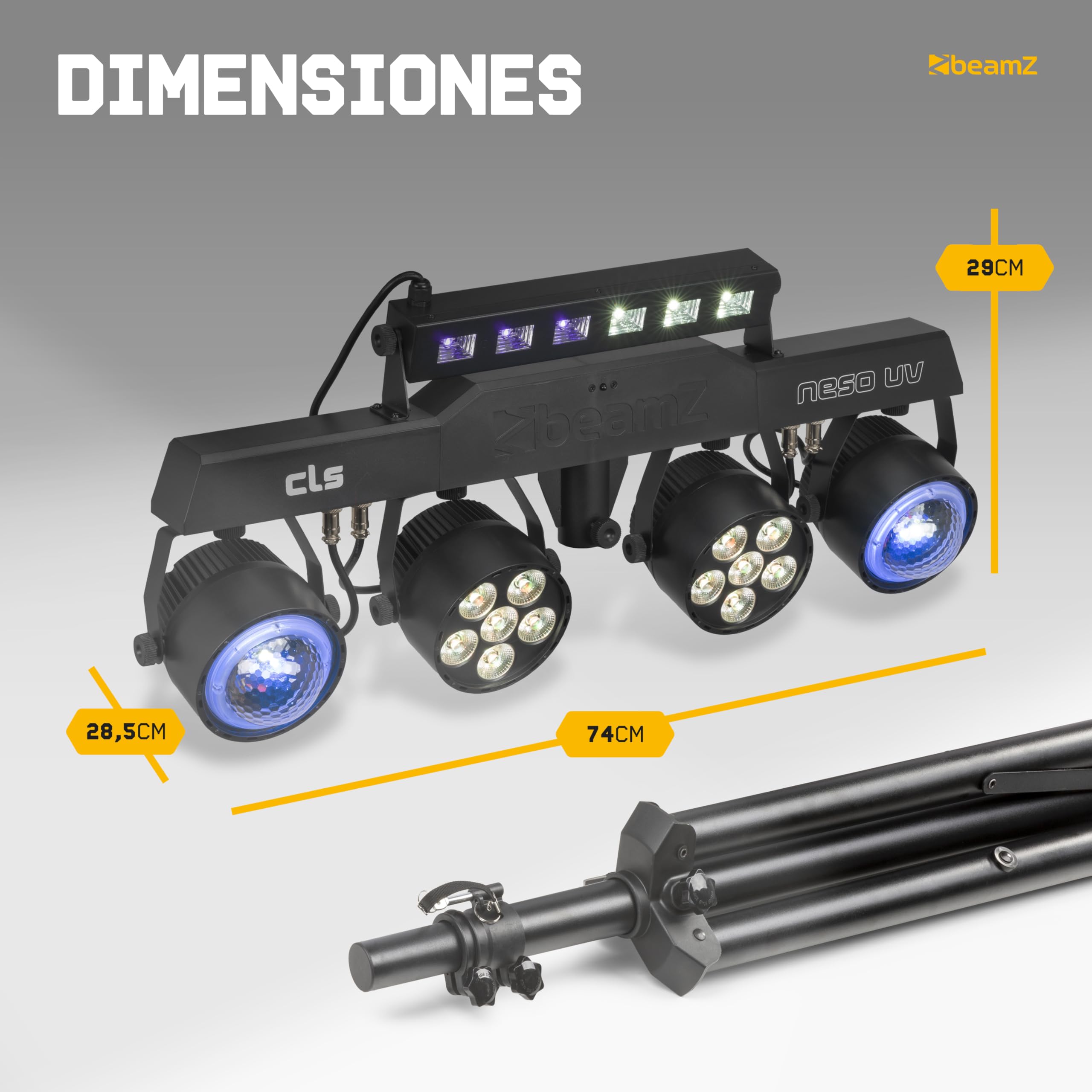 BeamZ CLS NesoUV Party Bar con 2 jelly moon, 2 par led rgbw y barra UV strobe, barra led dj con tripode, dmx 512, luces discoteca para casa, luces dj y luces escenario