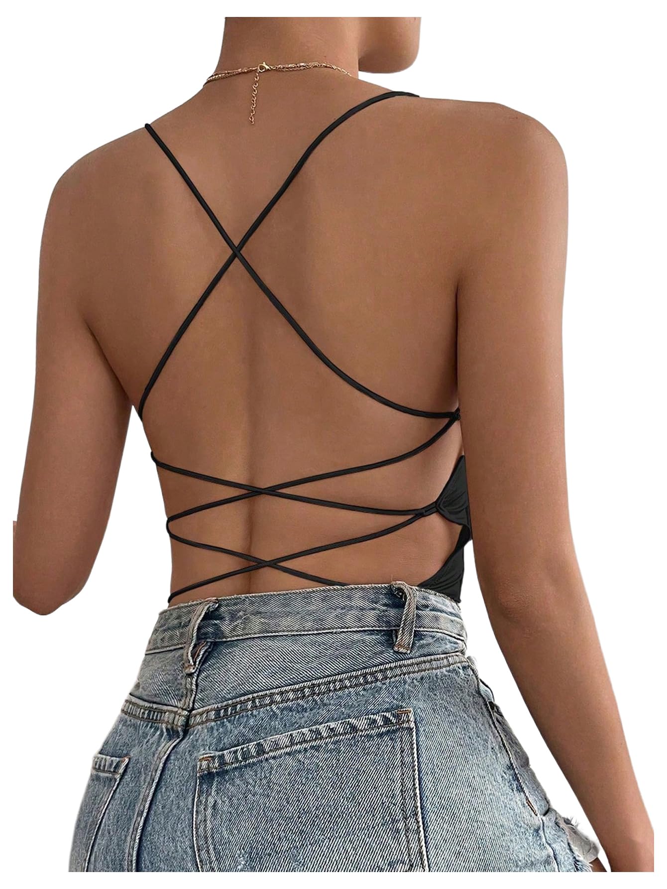 Women's Criss Cross Back Spaghetti Strap Bodysuits Sleeveless Backless Scoop Neck Cami Tops T Shirt-image-5