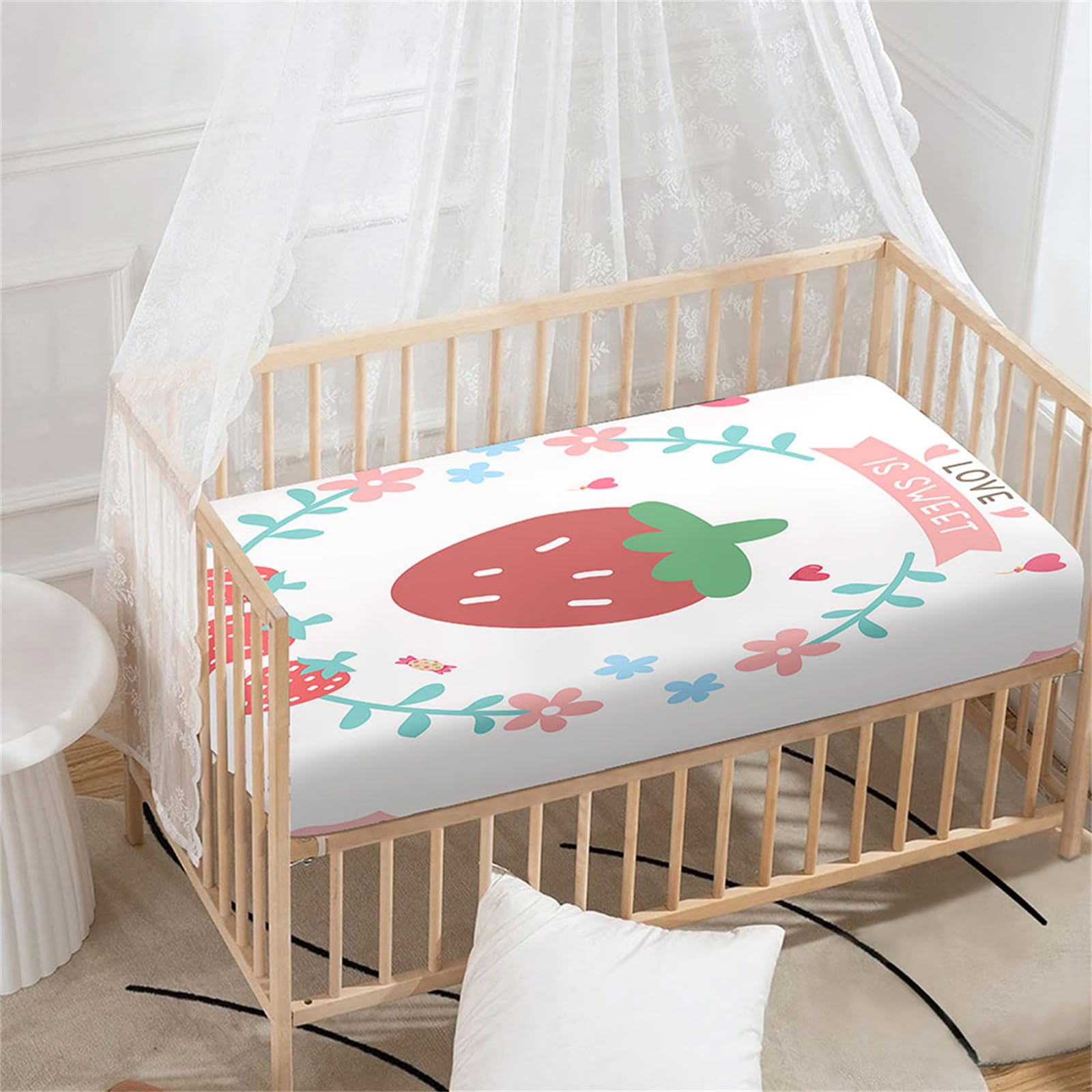 Morbuy Next to Me Crib Sheets, Strawberry Print Cot Bed Sheets, Soft Breathable Microfiber Moses Basket Sheets, Cot Sheets for Boy and Girl, Durable Easy Care Crib Sheets (Strawberry,90x40cm)