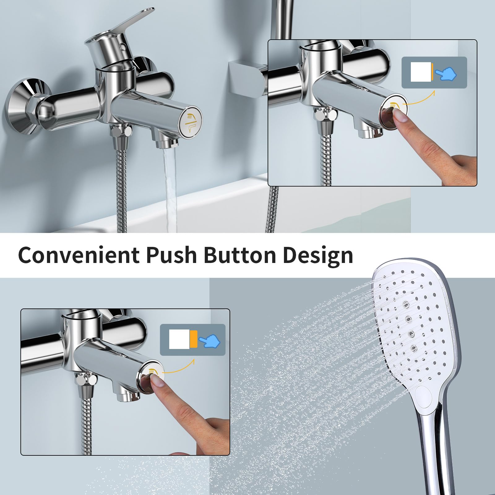 Badewannenarmatur mit Handbrause, Wasserhahn Badewanne mit Druckschalter | Einhand Armatur Badewanne aus Messing, Chrom Wannenarmatur mit 3 Funktionen, Mischbatterie Dusche Duscharmatur für Bad