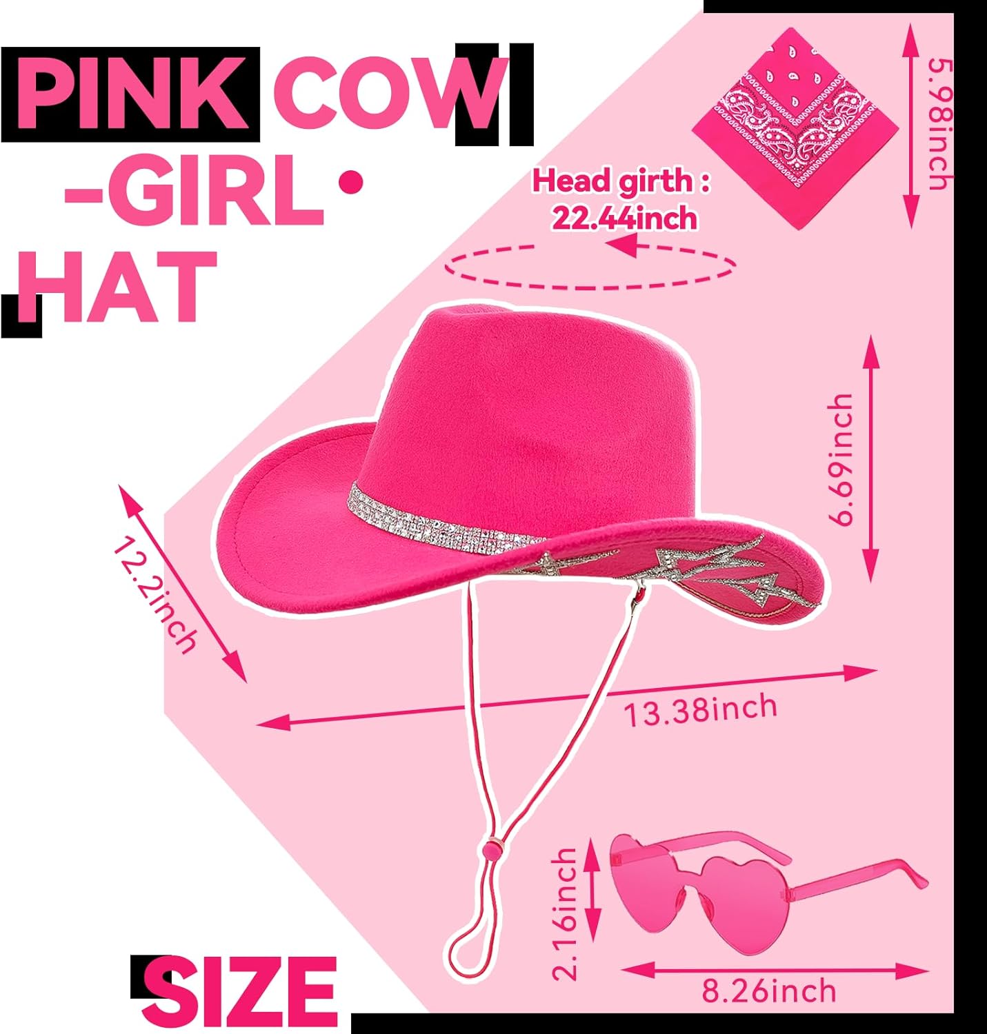 SHENYI Cowgirl Hat and Bandana and Heart Sunglasses Glitter Rhinestone Star Cowboy Hat Western Sparkly Hats for Women Men - Image 2