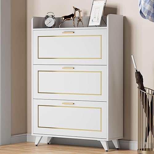 Cozy Castle Armario de almacenamiento de zapatos para entrada, armario organizador de zapatos oculto estrecho con 3 cajones abatibles y estantes