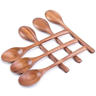 HAKSEN Wooden Spoons for Eating, 8.2 Inch Wood Mixing Soup Spoon with Long Handle for Korean Food Daily Meal Stirring Sauce Coffee, 6PCS - Amazon product rated Grade A