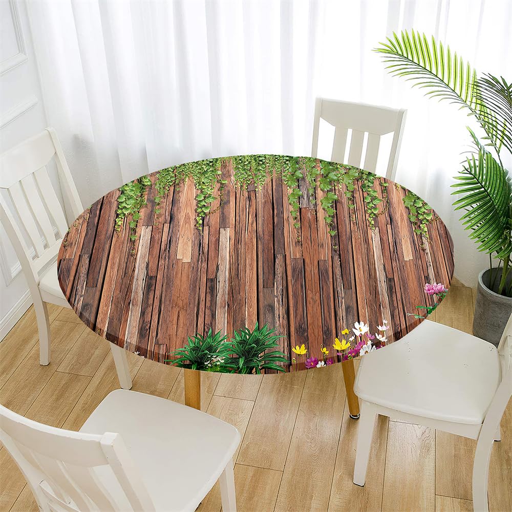 Treer Round Tablecloth Protector Retro Wood Grain Wipeable Round Table Cloth,Round Elastic Edged Fitted Backed Table Cover Washable for Dinning Room Kitchen Picnic Party (Green Leaves,120cm)