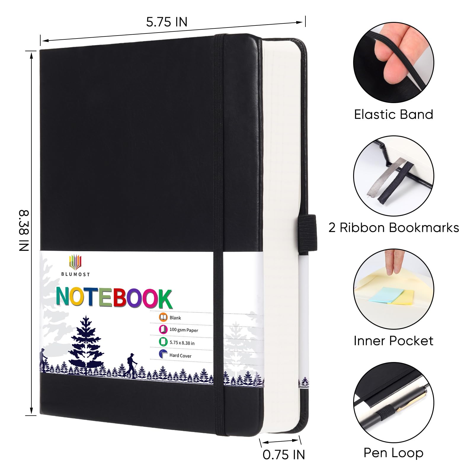 Notatnik z czystego papieru, 280 stron A5, z grubym, czystym papierem 100 g/m², twarda okładka, skóra PU, 14 x 21 cm, czarny