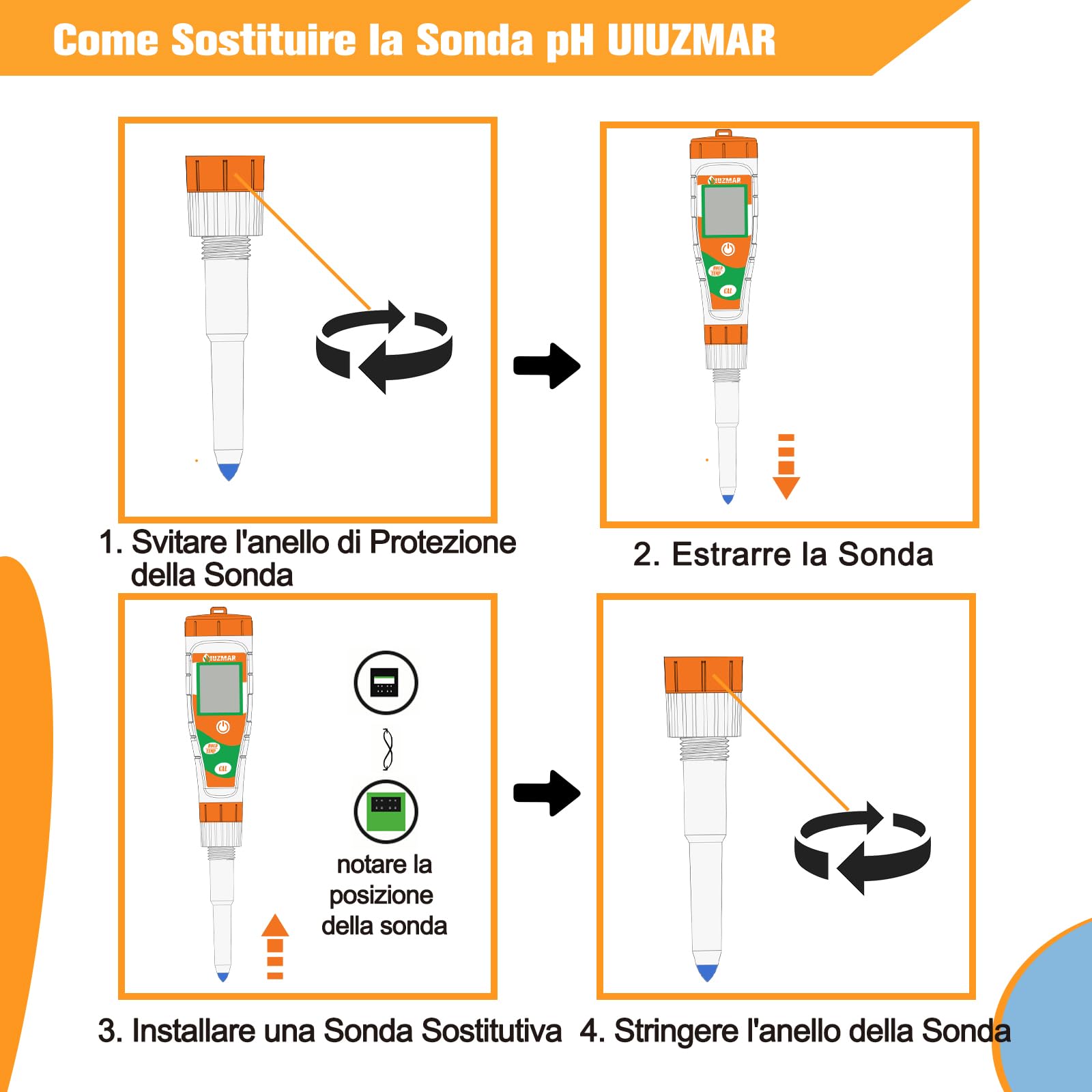 UIUZMAR Sonda pH Sostitutiva e Soluzione di Calibrazione del pHmetro (4,00 e 7,00) per Misuratore di pH Alimentare UIUZMAR, Elettrodo pH Sostituibile