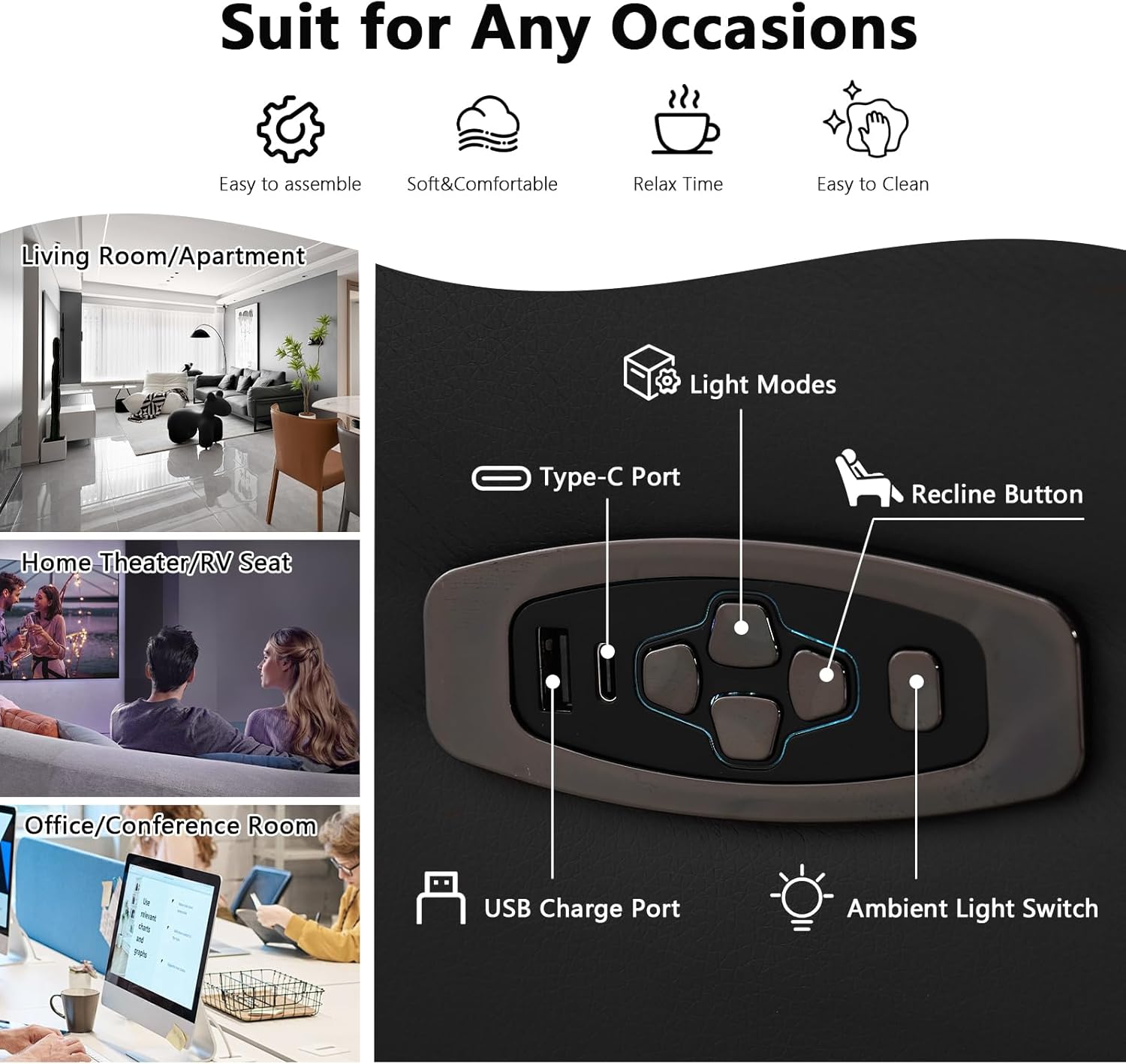 Power Recliner Loveseat Sofa with Console for Living Room, Home Theater Seating Seats with 4 Colors Ambient Lighting, USB & Type-C Ports, Cup Holders, Side Pocket, Power Recline (Black)