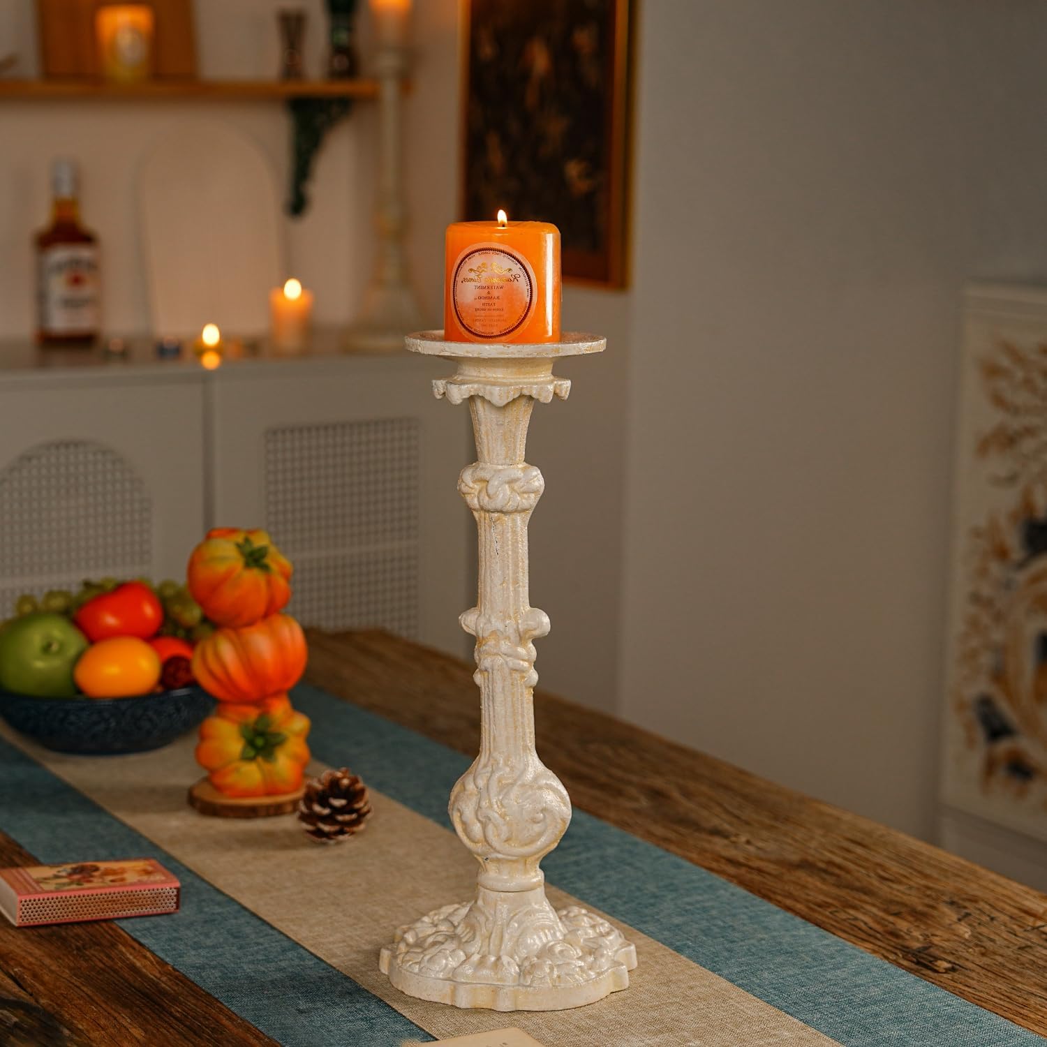 Sungmor Vintage Cast Iron Candlestick Holder,15.7 Inch Tall Distressed White Ornate Pillar Candle Holder,Rustic Decorative Candle Stand for Home,Farmhouse,Table Centerpiece Decor