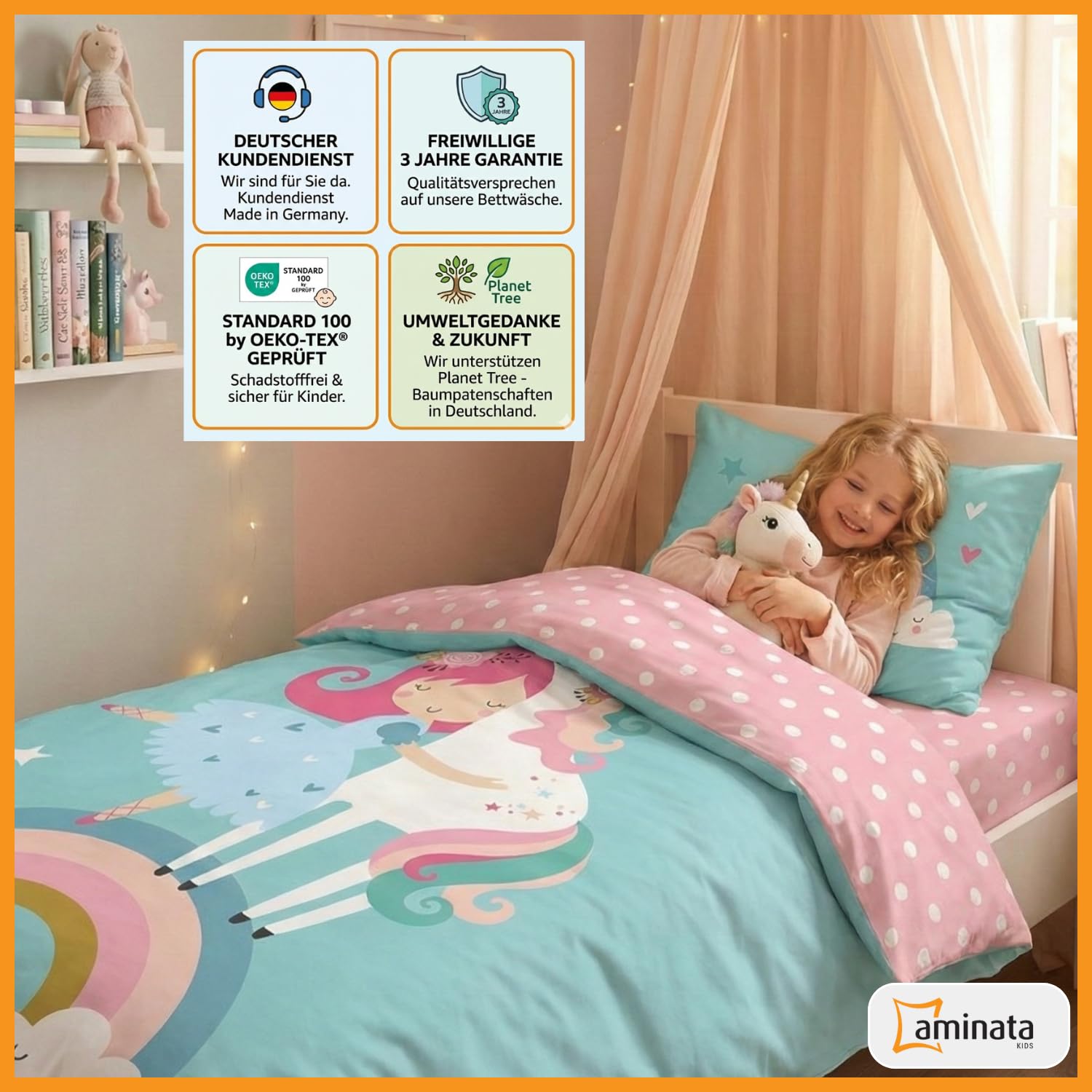 Aminata kids Bettwäsche Kinder 135x200 Mädchen Einhorn Motiv aus 100% Baumwolle mit Reißverschluss - Einhornbettwäsche türkis rosa Regenbogen