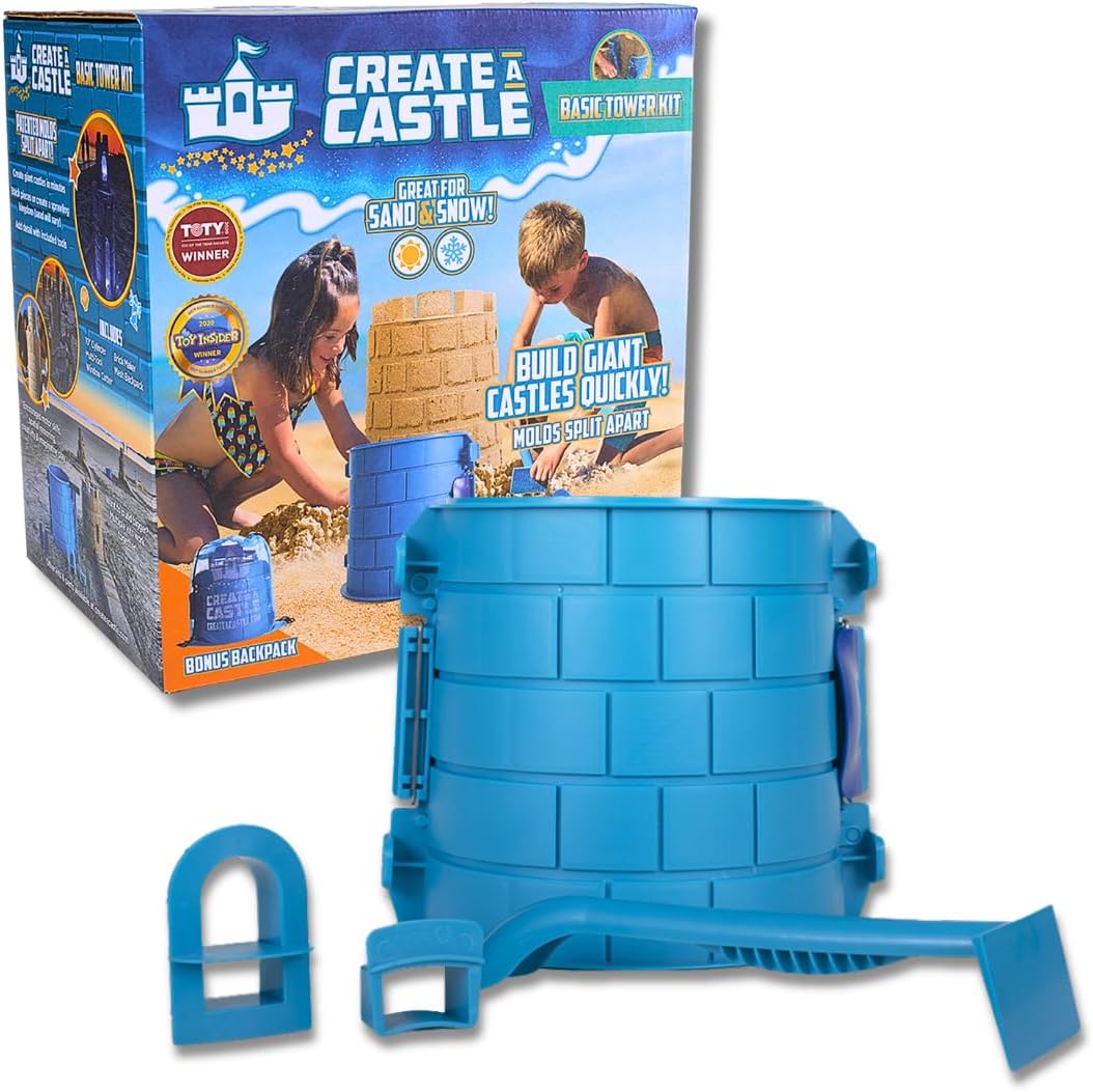 Create A Castle Sandcastle Kit as Seen on Shark Tank, 4 Piece Outdoor Beach Toy Set for Kids and Adults, Towers, Building Tools, Portable Mesh Storage Backpack - Basic Blue