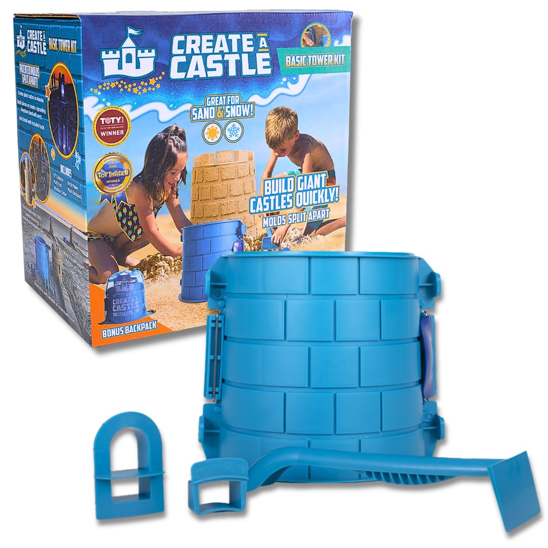 Create A Castle Sandcastle Kit as Seen on Shark Tank, 4 Piece Outdoor Beach Toy Set for Kids and Adults, Towers, Building Tools, Portable Mesh Storage Backpack - Basic Blue