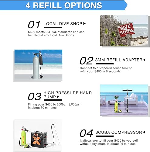 Miniatura 7 de SMACO Mini tanque de buceo portátil de 1 litro (2 piezas) reutilizable, botella de poni, cilindro de aire de buceo de reserva de hasta 20 minutos de