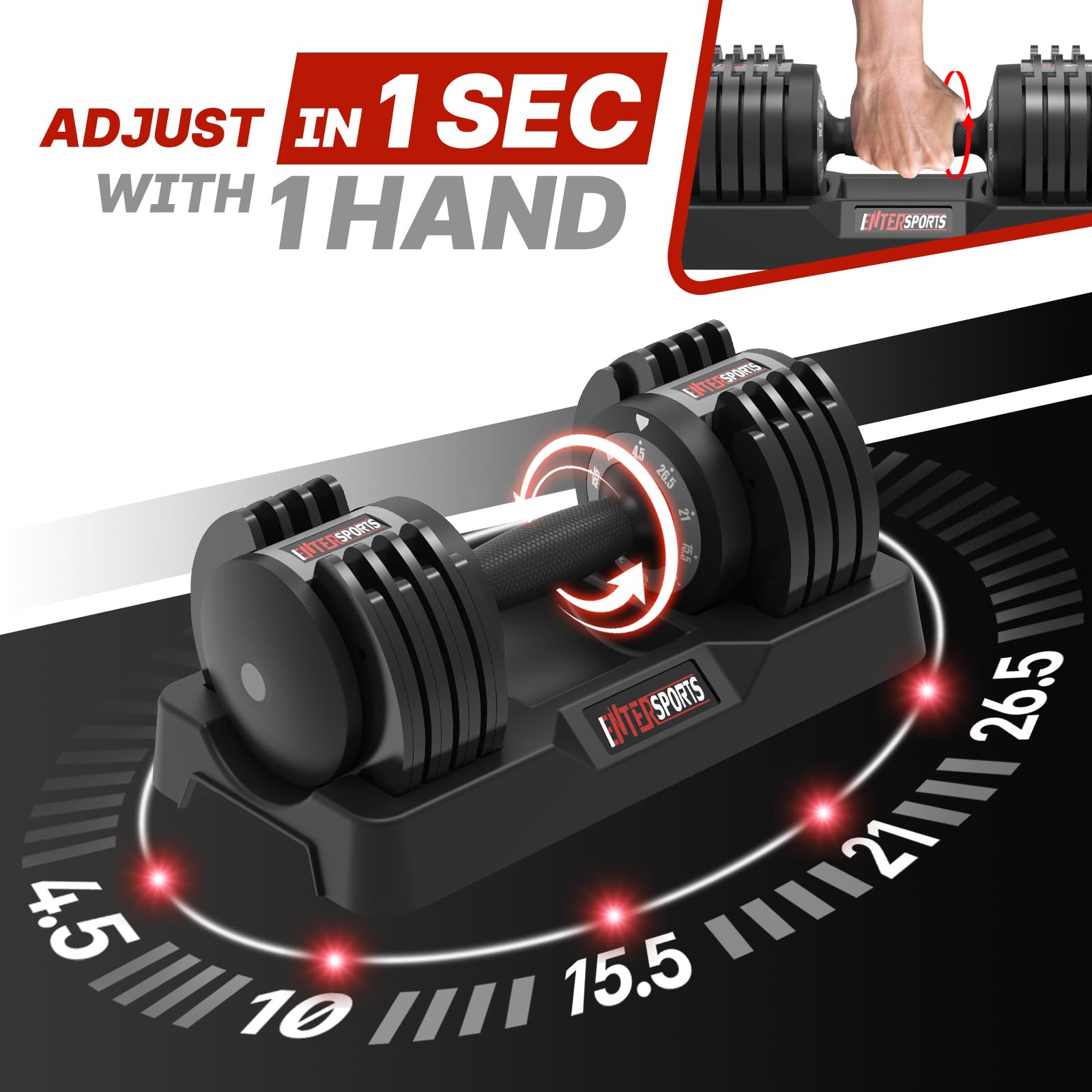 EnterSports 12kg/18kg/27kg Manubri regolabili salvaspazio, manubri regolabili con impugnatura antiscivolo 5 livelli di peso, ottimi per casa, ufficio, palestra, allenamento del corpo