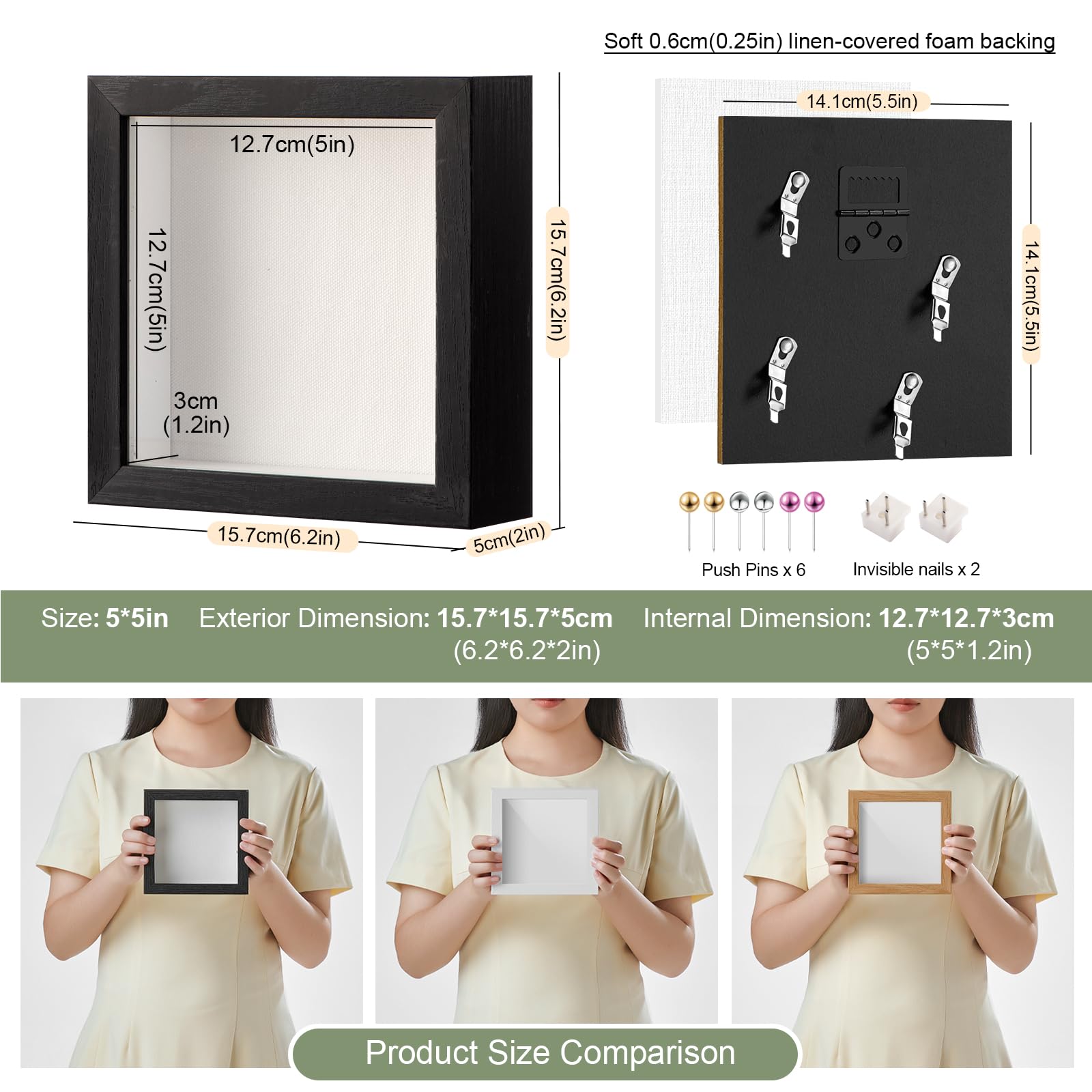 MGLIFEUL 5x5 Mini Shadow Box Frame with Shatterproof Clear Glass & Push Pin, Black, 12.7x12.7cm(5x5in) - Image 3