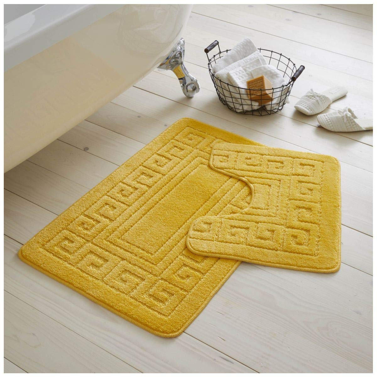 GC GAVENO CAVAILIA Greek Key Pattern Bath Mats 2 Piece Sets Non Slip, Soft Washable Rug Quick Dry Water Absorbent Bathroom Shower Mat & Pedestal Set, Ochre