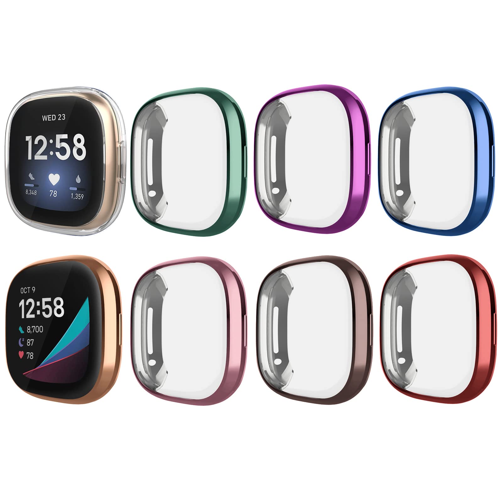 GHIJKL8 Pack Case Compatible with Fitbit Versa 3 / Sense Screen Protector, Ultra Slim TPU Plated Cover Anti-Scratch Shockproof All Around Bumper Shell Accessories for Fitbit Sense/Versa 3 Smartwatch