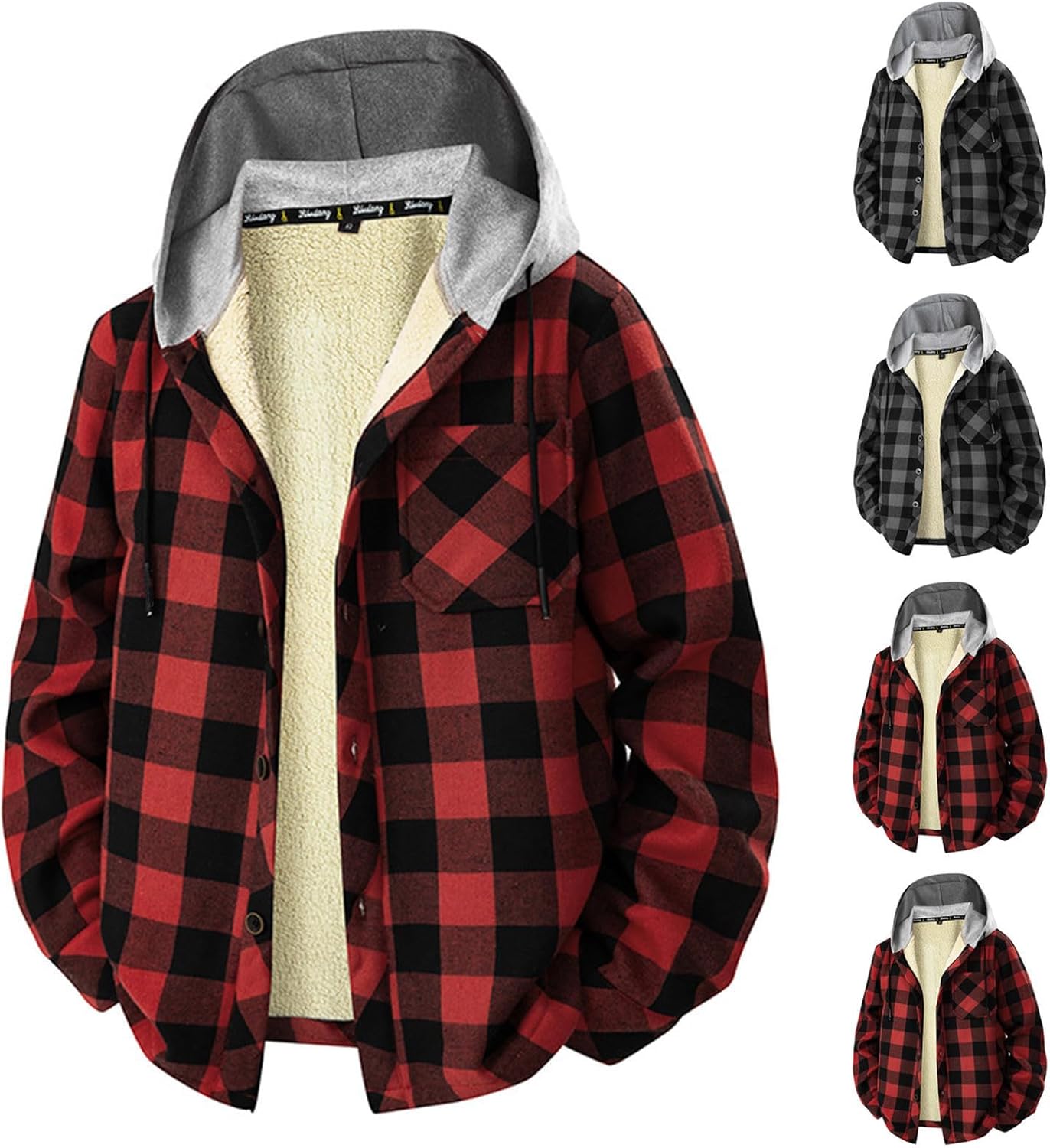 Men's Cotton Plaid Long Sleeve Shirts Jacket Fleece Lined Flannel Hood Shirts Sherpa Button Down Jackets with Pocket