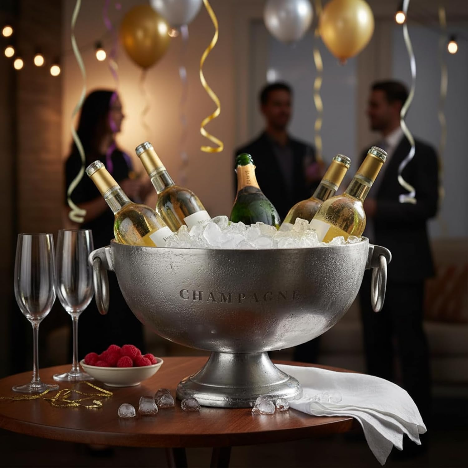 Elegant Large Champagne Ice Bucket on Stand | Nickel Plated Aluminum Wine Cooler with Side Handles, Vintage Style Beverage Chiller for Parties, Bar, Home & Events