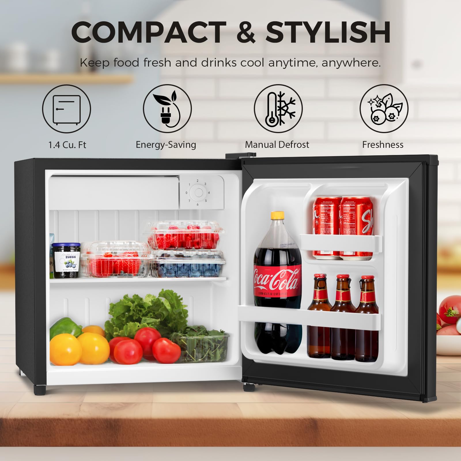 Antarctic Star Compact Refrigerator Mini Fridge with Freezer, Single Reversible Door, Dorm Fridge, Wire Shelf, Defrost Button, for Bedroom, Office, kitchen, 1.7 Cu. Ft, Black