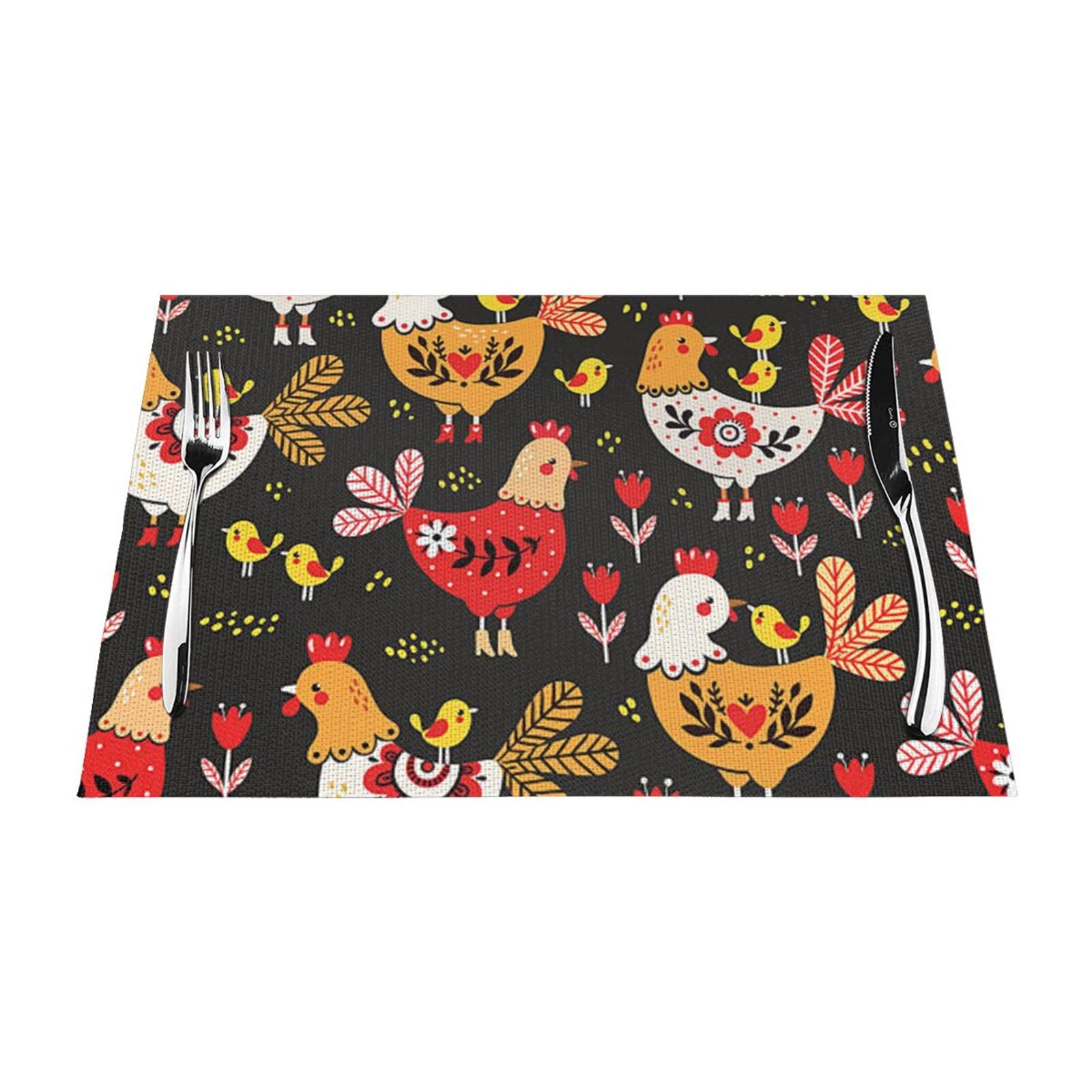 PVC Placemat Set of 6 PCS, 45x30 CM, Cute Rooster Chickens Printed Non-Slip Heat Resistant Place Mats for Kitchen Dining Table Indoor Outdoor