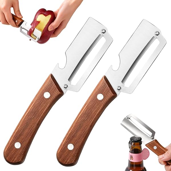 Set of 2 Multifunctional Professional Kitchen Peeler, 2 in 1, Multifunctional Stainless Steel Peeler, Wooden Handle and Bottle Opener, Steel Peeler for Potatoes, Fruits and Vegetables - 1