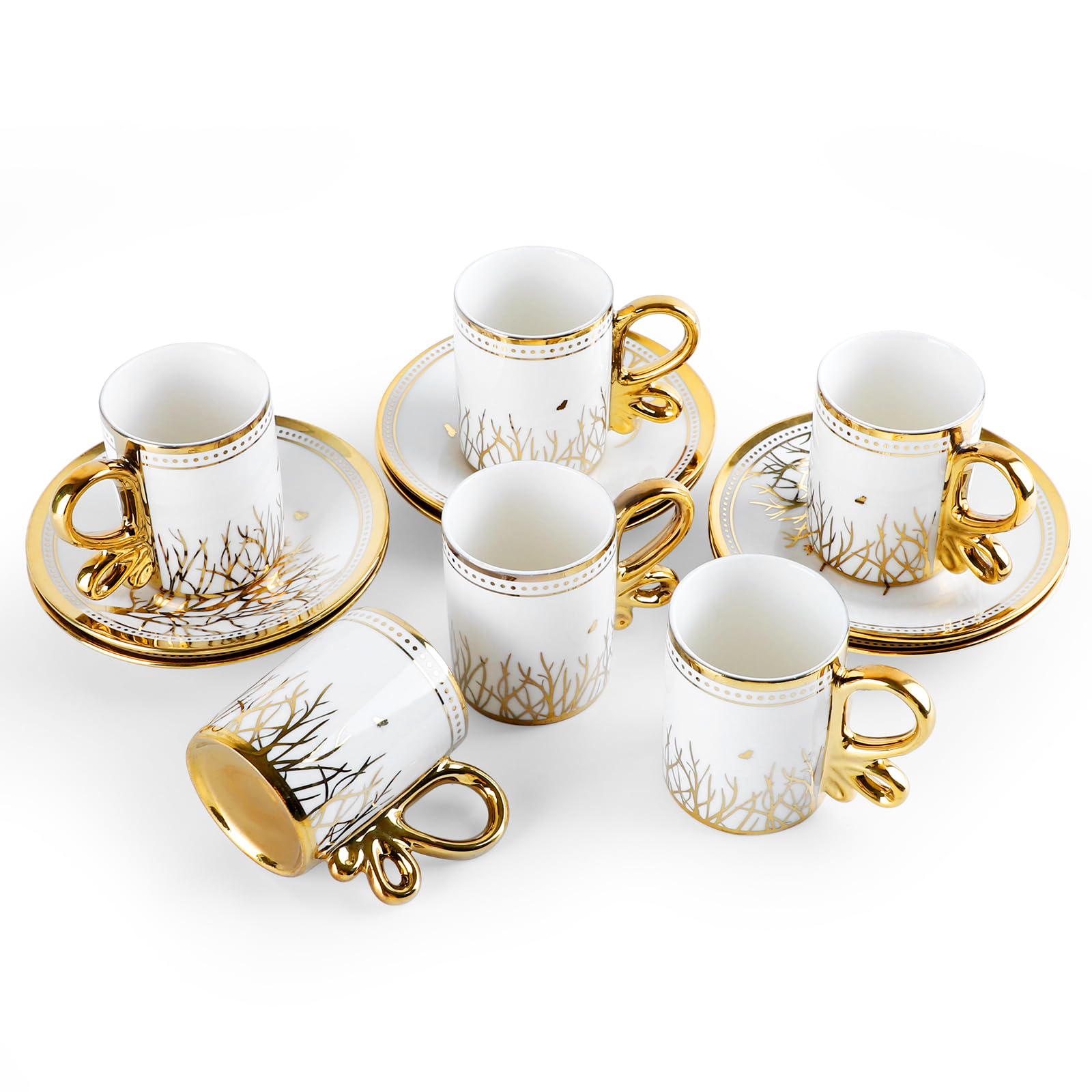 Türkische Kaffeetassen Set,12-teiliges Karaca Kaffeetassen Set, 6 Espressotassen und 6 Untertassen, Karaca Kahve Fincan Seti, Kaffeeservice, Porzellan Tassen, Mokkatassen(Weißgold)