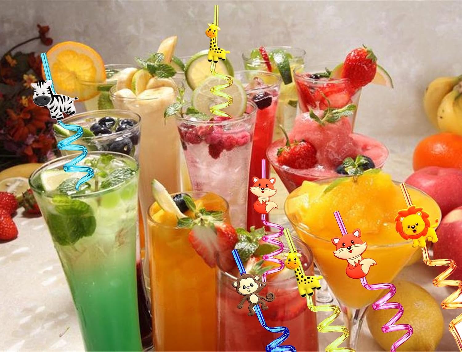 24pcs (6 Styles) Drinking Plastic Straws Reusable Forest Animal Design Reusable Straws with 2 Brushes for Birthday Pool Underwater Party Decorations Gift (Forest Animals design 24pcs) - Image 4