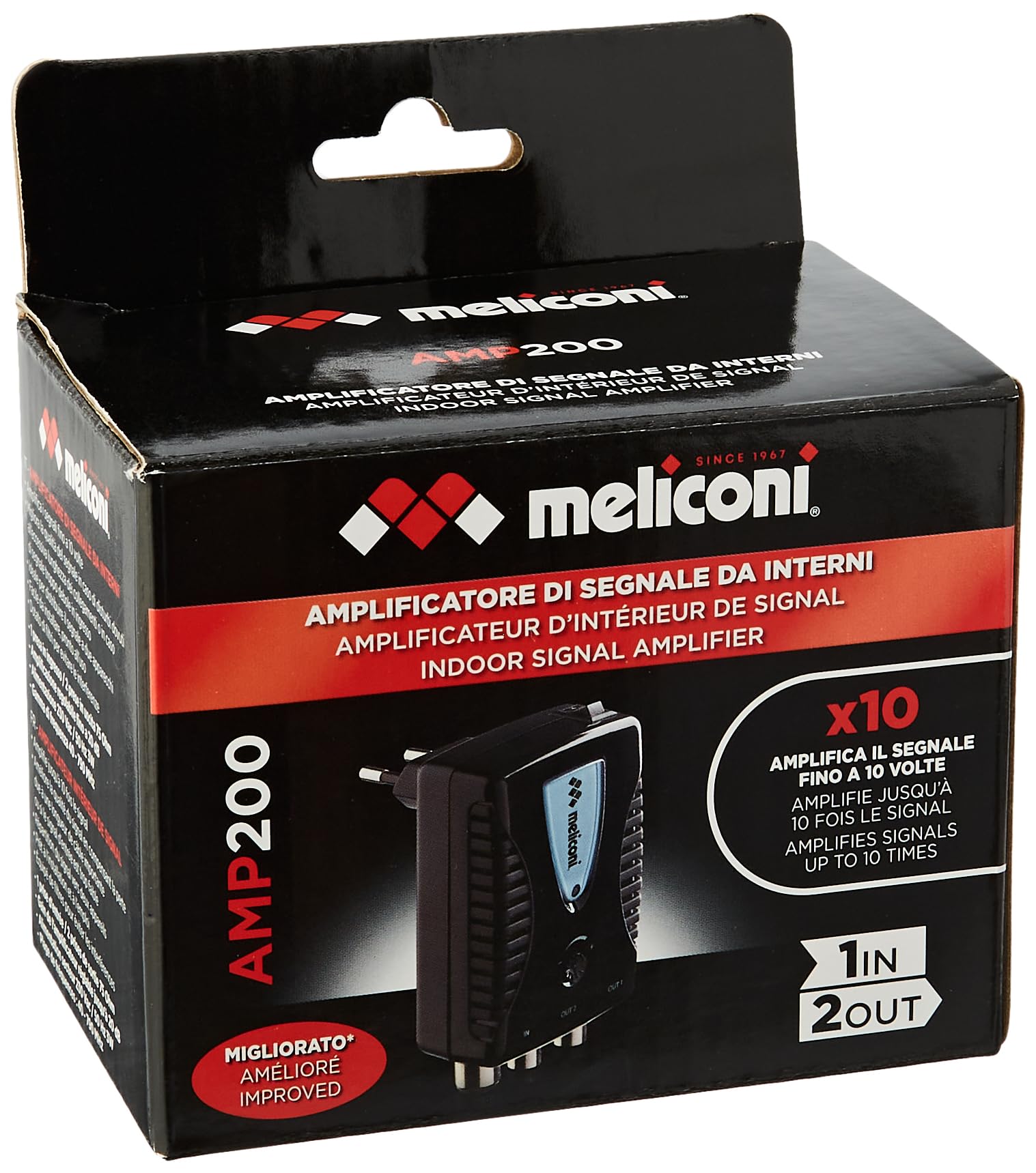 Meliconi AMP200 Amplificatore Antenna TV Da Interno A 2 Vie + Cavo Hama 1,5m - Segnale TV Più Forte E Pulito Con Filtro LTE
