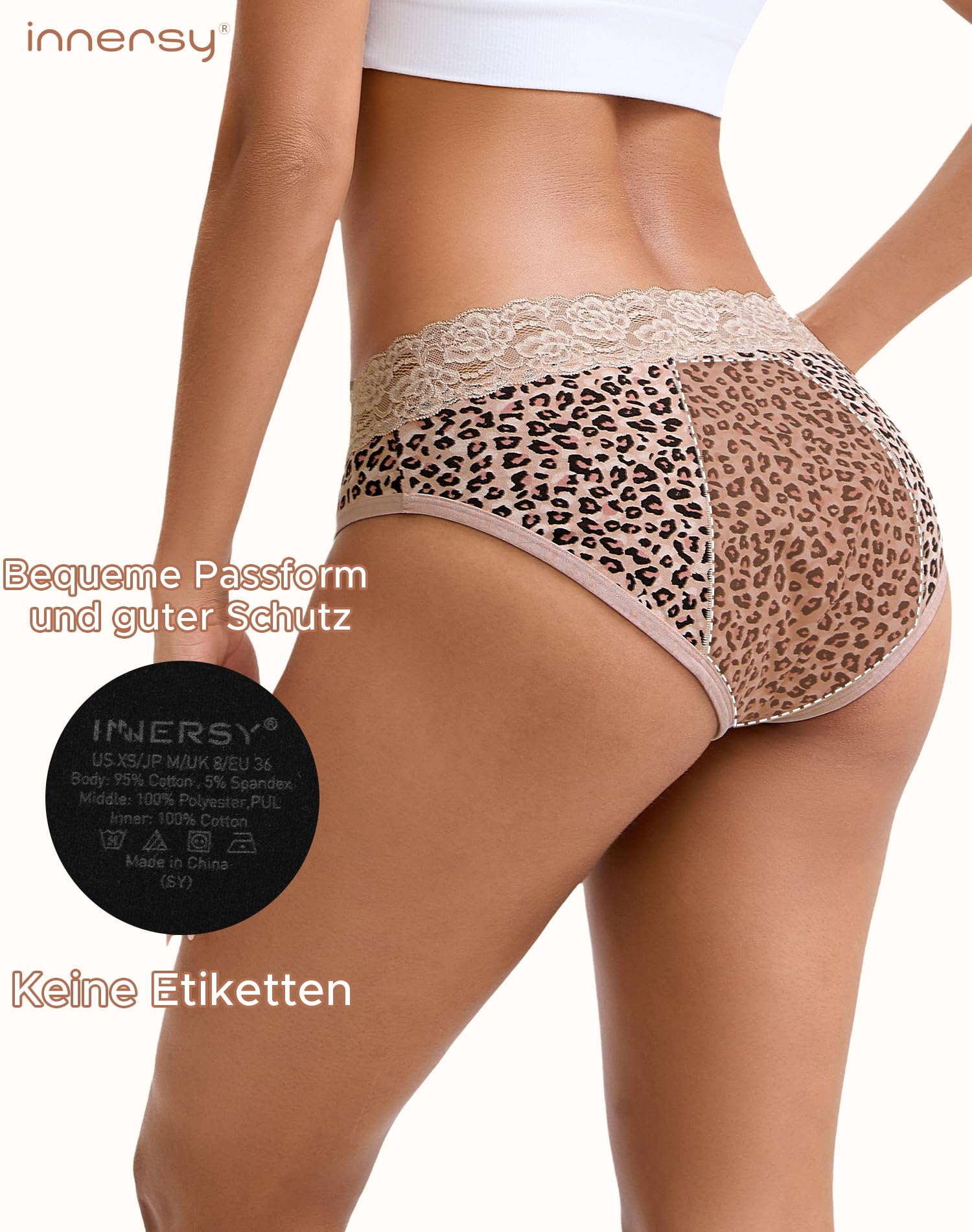 INNERSY Culotte Menstruelle Coton Dentelle Flux Léger Slip de Règle Lavable Taille Midi Lot de 3